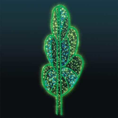 Iluminacja LED Zielone Drzewo 2D o wysokości 1,9 m i szerokości 1,4 m, z geometrycznym wzorem liści i zielono-niebieskimi diodami tworzącymi efekt skrzącego śniegu.