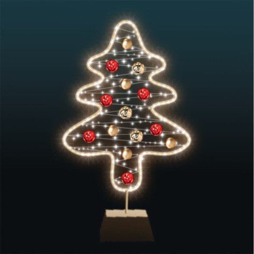 Iluminacja Choinka 2D z Bombkami – kompaktowa dekoracja świąteczna LED o wysokości 125 cm, ozdobiona kolorowymi bombkami i świetlnymi liniami, idealna do mniejszych przestrzeni miejskich i wnętrz komercyjnych.