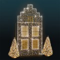 Świetlny Domek 2D LED o wysokości 4,5 m i szerokości 2,3 m, ozdobiony 1760 punktami LED i złotymi akcentami. Elegancka dekoracja miejska w świątecznym klimacie.