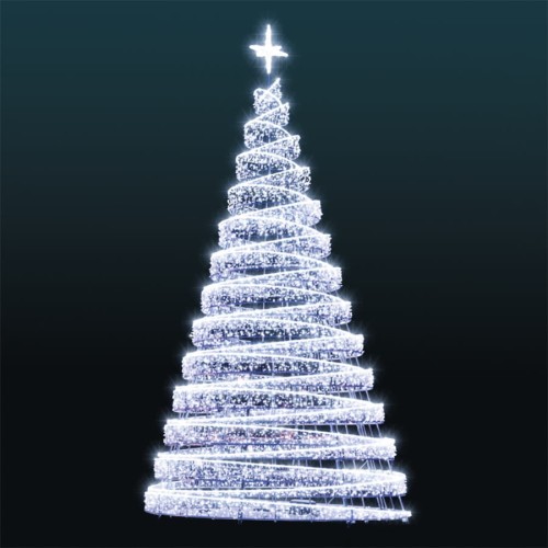 Świetlna choinka 3D o wysokości 15 metrów z efektowną spiralą z migoczących diod LED, zakończona jasną świetlną gwiazdą na szczycie, ustawiona na ciemnym tle.