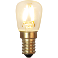 Żarówka LED E14 T26 filament z ciepłym światłem i złotą oprawą gwintu, mały dekoracyjny model.