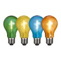 Cztery kolorowe żarówki LED A60 1W z widocznym filamentem, w odcieniach zielonym, żółtym, niebieskim i pomarańczowym, ustawione pionowo na białym tle z gwintem E27 skierowanym w dół.