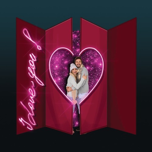 Wielkogabarytowa Kartka Walentynkowa 3D z podświetlanym sercem i napisem „I love you”, dekoracja LED w kolorach czerwieni i różu, przeznaczona do iluminacji miejskich i sesji zdjęciowych.