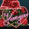 Zbliżenie na neonowy napis „I Love You” w formie serca, wykonany w technologii liniowego LED neon, osadzony na tle zielonego igliwia z punktowym oświetleniem LED.