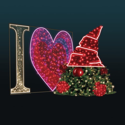 Dekoracja świetlna LED „Gnom I Love You” z czerwonym podświetlanym gnomem, sercem LED neon i elementami z igliwia, prezentowana na jednolitym, ciemnym tle.