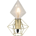 Żarówka LED E27 diament w złotej oprawie z geometrycznym stelażem, ciepłe światło filament.