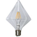 Żarówka LED E27 diament wyłączona, cztery żółte filamenty w przezroczystej geometrycznej bańce i metalowy gwint E27.