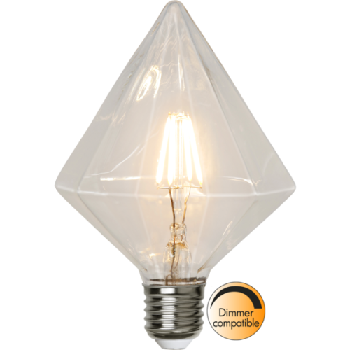 Żarówka LED E27 w kształcie diamentu, filament 2700K, ciepłe białe światło, przezroczysta geometryczna bańka, dimmer compatible.