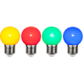 Zestaw czterech kolorowych żarówek LED G45 o mocy 1W z plastikowymi kloszami w kolorach: żółtym, czerwonym, zielonym i niebieskim. Każda żarówka posiada standardowy gwint E27 i kulisty kształt.