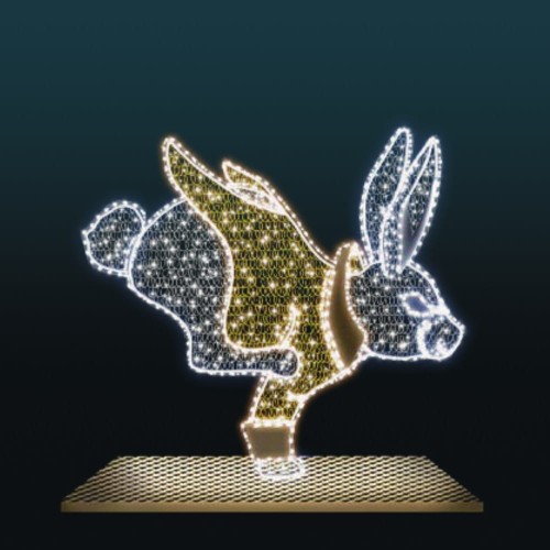 Królik wielkanocny LED 2D skaczący – dekoracja świetlna przedstawiająca zająca wielkanocnego w kamizelce podczas skoku, iluminacja wielkanocna LED do dekoracji miejskich, parków i galerii handlowych, dekoracja o wysokości około 1,5 m.