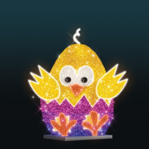 Kurczak 3D LED w kolorowej skorupce – wielkanocna dekoracja świetlna o wysokości 7,6 m i szerokości 5,5 m, złota iluminacja z fioletowo-niebieską podstawą, grafika produktowa na ciemnym tle.