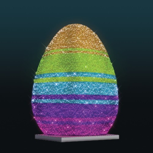 Pisanka 3D LED w pasy kolorystyczne – złoty, zielony, turkusowy i fioletowy – wielkoformatowa dekoracja wielkanocna na podstawie, podświetlana diodami EKO LED, grafika produktowa na ciemnym tle.