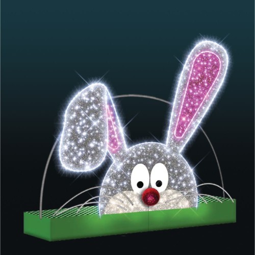 Zając wielkanocny LED 3D – przestrzenna dekoracja świetlna przedstawiająca głowę zająca z dużymi uszami i różowymi elementami LED, iluminacja wielkanocna do dekoracji rynków miejskich, parków i galerii handlowych.