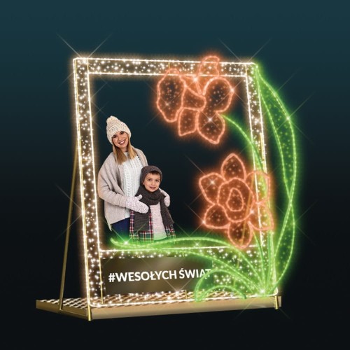 Bramka Wielkanocna 3D LED z motywem kwiatów i zielonych liści, podświetlana rama do zdjęć z napisem #WesołychŚwiąt, dekoracja plenerowa do sesji fotograficznych.