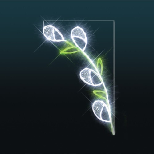 Świetlna dekoracja uliczna Bazie LED w kolorze białym i zielonym, motyw wiosennej gałązki z podświetlanymi pąkami, iluminacja montowana na latarniach, dekoracja wielkanocna do przestrzeni miejskich.