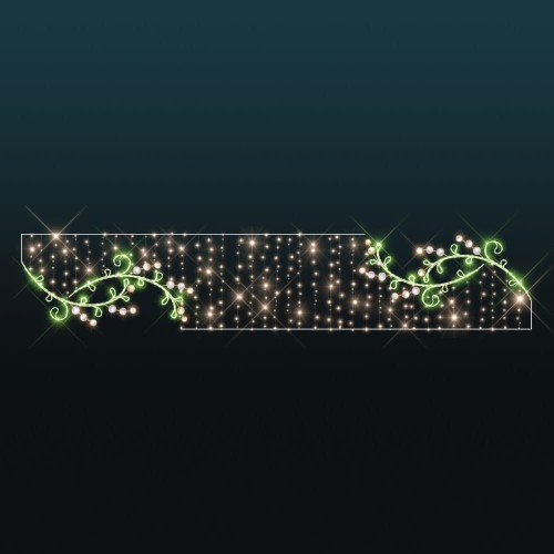 Przewieszka wielkanocna LED z gałązką i białymi baziami na tle kurtyny świetlnej, dekoracja uliczna w kolorze zielonym i ciepłej bieli, symetryczna iluminacja do montażu nad ulicą lub elewacją.