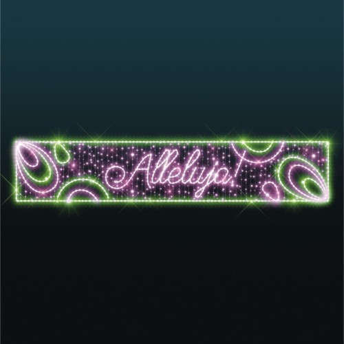 Przewieszka wielkanocna LED z napisem Alleluja i motywem pisanki, dekoracja uliczna w kolorze fioletowym i zielonym, prostokątna iluminacja świetlna do montażu nad ulicą lub elewacją.