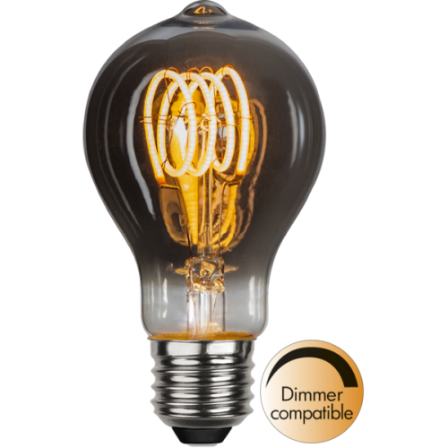 Żarówka LED filament E27 z przydymionym kloszem i spiralnym filamentem emitująca ciepłe białe światło, dimmer compatible, dekoracyjne źródło światła do nowoczesnych lamp.