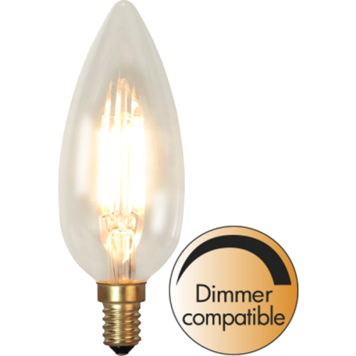 Żarówka LED E14 świecowa C35 z przezroczystym szkłem i dekoracyjnym filamentem, ciepła barwa światła, złoty gwint, oznaczenie dimmer compatible, ujęcie produktowe.
