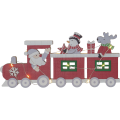 Drewniana dekoracja świąteczna LED w kształcie czerwonego pociągu z Mikołajem, bałwankiem i reniferem z prezentami, sfotografowana z boku na białym tle jako ozdoba na półkę lub komodę.