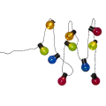 Girlanda solarna LED z kolorowymi żarówkami w czterech barwach: czerwonej, żółtej, zielonej i niebieskiej. Żarówki rozmieszczone na czarnym przewodzie, widoczne dekoracyjne klosze.