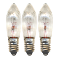 Zestaw trzech żarówek LED E10 w kształcie świeczki z ryflowanym, przezroczystym kloszem. Widoczne filamenty LED i metalowe gwinty. Produkt na czarnym tle, przeznaczony do świeczników i dekoracji świetlnych.