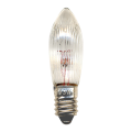 Pojedyncza żarówka LED E10 w formie świeczki z ryflowanym, przezroczystym kloszem. Wewnątrz widoczny filament LED, metalowy gwint E10. Zdjęcie produktowe na czarnym tle.