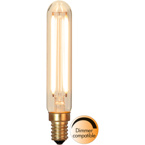 Żarówka LED E14 typu rurkowa T30 z przezroczystym szkłem i podwójnym filamentem, ciepła barwa światła, złoty gwint, oznaczenie dimmer compatible, ujęcie produktowe.