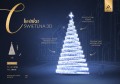 Choinka świetlna 3D 11,8 metra o spiralnym układzie, migocząca białym światłem LED na tle narysowanej miejskiej zabudowy, z artystyczną formą i efektem skrzącego śniegu.