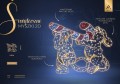 Infografika iluminacji LED Świąteczne Myszki 2D – dekoracja świetlna o wysokości 2,1 m i szerokości 2,35 m, dwie myszki niosące kolorową laskę cukrową, setki punktów LED z efektem migoczącego śniegu, ozdoba bożonarodzeniowa.
