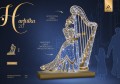Infografika iluminacji LED Harfistka 2D – dekoracja świąteczna o wysokości 2,6 m; postać kobiety grającej na harfie, lakierowana konstrukcja, migoczące diody z efektem skrzącego śniegu, złote detale, bezpieczne niskie napięcie, EKO LED.