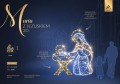 Infografika iluminacji LED Maria z Jezuskiem 2D – dekoracja świąteczna o wysokości 2,1 m i szerokości 1,8 m, przedstawiająca Maryję pochyloną nad Dzieciątkiem w żłóbku, rozświetloną 1150 punktami LED z efektem skrzącego śniegu.