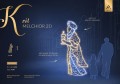 Infografika iluminacji LED Król Melchior 2D – dekoracja świąteczna o wysokości 3,1 m i szerokości 1,5 m, majestatyczna postać w turbanie i bogatej szacie, trzymająca dar, rozświetlona 1390 punktami LED z efektem skrzącego śniegu.