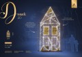 Infografika iluminacji Domek 2D – elegancka dekoracja świetlna w złotej kolorystyce, wysokość 4,5 m, szerokość 2,3 m, 2000 LED, moc 70 W.