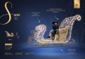 Dekoracja świąteczna w formie dużych sań 3D z efektownym podświetleniem LED, wykonana z ażurowej konstrukcji i złotych elementów, z możliwością wejścia do środka. Sanie ustawione na granatowym tle z opisem cech.