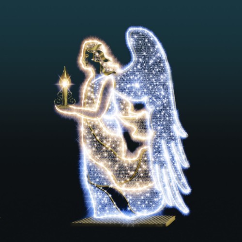 Anioł 2D LED ze świecą, pełna figura świetlna na tle ciemnego nieba.