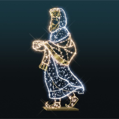 Iluminacja Król Baltazar 2D – świetlna dekoracja o wysokości 3,1 m, przedstawiająca króla z darami, z koroną i złotymi detalami, wykonana w technologii LED, idealna do miejskich aranżacji bożonarodzeniowych i szopkowych.