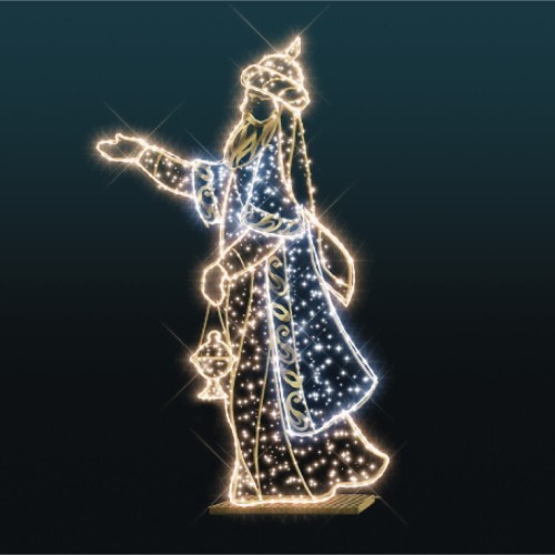 Iluminacja Król Kacper 2D – wysoka na 3,15 m dekoracja LED w formie jednego z Trzech Króli, elegancka postać w zdobionej szacie ze złotymi akcentami, trzymająca kadzielnicę, z setkami diod tworzących efekt świetlnego blasku.