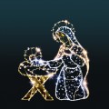 Iluminacja Maria z Jezuskiem 2D – figura LED o wysokości 210 cm, Maryja w świetlistej szacie z aureolą, pochylona nad Jezusem w złotym żłóbku, dekoracja bożonarodzeniowa z ponad tysiącem punktów świetlnych LED.