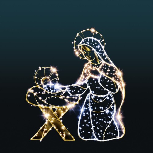 Iluminacja Maria z Jezuskiem 2D – figura LED o wysokości 210 cm, Maryja w świetlistej szacie z aureolą, pochylona nad Jezusem w złotym żłóbku, dekoracja bożonarodzeniowa z ponad tysiącem punktów świetlnych LED.