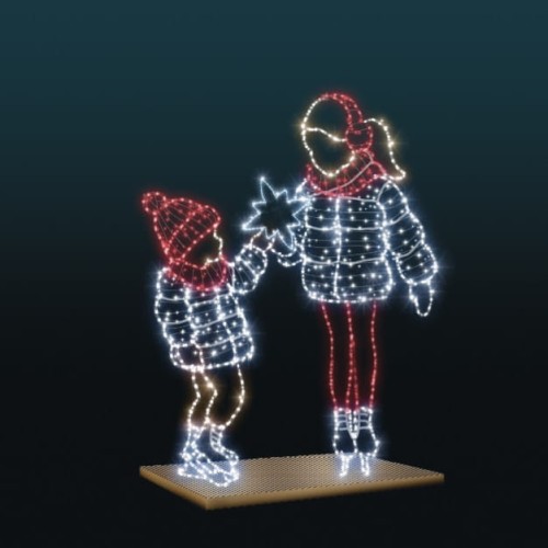 Iluminacja Dziewczynki 2D – świetlna dekoracja o wysokości 2,1 m przedstawiająca dwie postacie dzieci w zimowych ubraniach, z czerwonymi akcentami i setkami punktów LED tworzących ciepły, świąteczny nastrój w przestrzeni miejskiej.