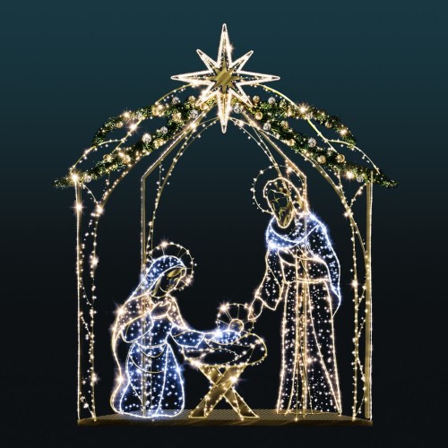 Szopka 3D o wymiarach 4,8×4 m z efektownym oświetleniem LED, precyzyjnie odwzorowanymi postaciami, gwiazdą i dekoracyjnym igliwiem. Idealna jako centralna dekoracja świąteczna i tło do sesji zdjęciowych.