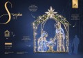 Szopka 3D o wysokości 4,8 m i szerokości 4 m, ozdobiona igliwiem, gwiazdą i świetlną iluminacją postaci. Artystyczna forma, metalowe detale i efekt skrzącego śniegu czynią ją idealną scenografią do zdjęć.