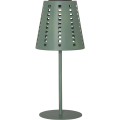 Solarna lampa stołowa ogrodowa LED zielona na białym tle, nowoczesna oprawa do oświetlenia stołu i przestrzeni zewnętrznej.