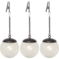 Zestaw trzech wiszących lamp solarnych LED z transparentnymi kulami i klipsami do zawieszenia. Produkt prezentowany na białym tle z widocznymi łańcuszkami mocującymi.