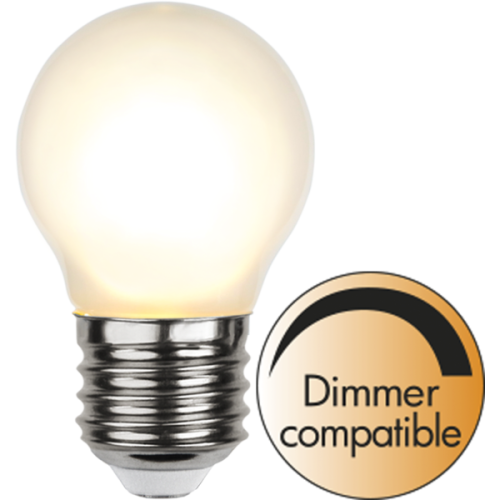 Żarówka LED E27 G45 Frosted 4W 2700K 400 lm, ciepła biała barwa światła, mleczny klosz, ściemnialna, widok z ikoną dimmer compatible.