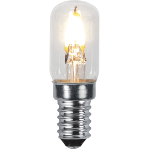 Żarówka LED E14 T25 z przezroczystym kloszem i ciepłym światłem, kompaktowy kształt tuby z widocznym filamentem.