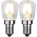 Zestaw 2 żarówek LED E14 mini z filamentem, ciepłe białe światło, przezroczysta krótka bańka i mały gwint E14.