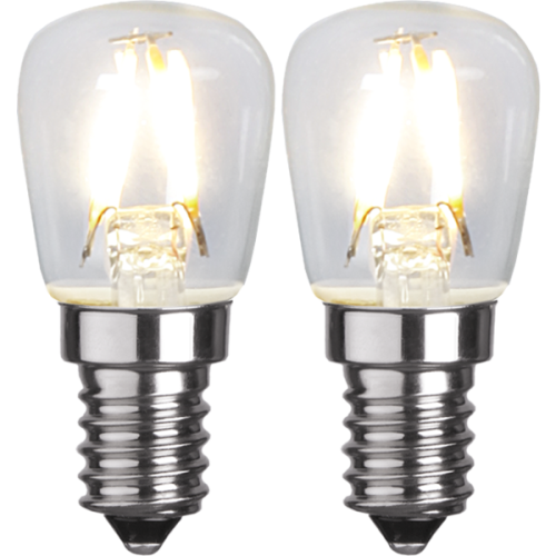 Zestaw 2 żarówek LED E14 mini z filamentem, ciepłe białe światło, przezroczysta krótka bańka i mały gwint E14.