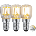 Zestaw 3 żarówek LED E14 mini filament z funkcją 3-Step Memory, trzy poziomy jasności, ciepłe białe światło, gwint E14.